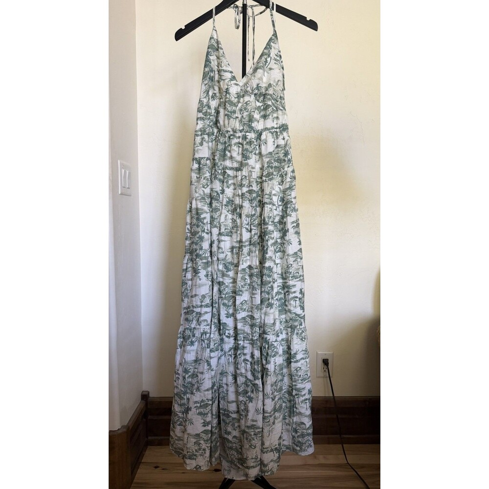 Abercrombie & Fitch Toile Tropical Beach Scene Maxi Dress M Tall Halter Tiered - Picture 2 of 8